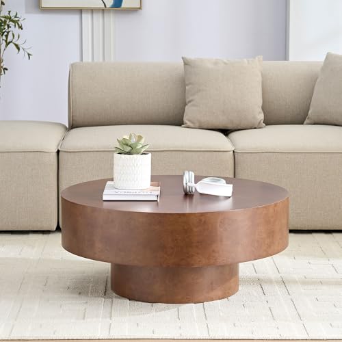 31.49'' Round Coffee Table Modern Wood Coffee Table for Living Room, Contemporary Circle Drum Pedestal Style, Faux Burl Wood Veneer Pattern, Easy Assembly, Walnut - color: Ø31.49''-faux Burl Wood