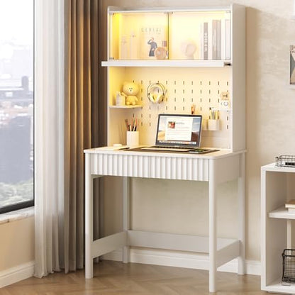 Lvifur 31.5" Small Study Desk with - Glass Doors,Computer Desk w/Charging Station and LED Reading Lights,Compact Writing Desk with Drawers,Writing Home Office Desks for Small Spaces Bedroom,White - color: White-a