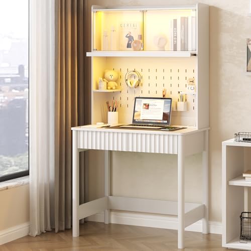 Lvifur 31.5" Small Study Desk with - Glass Doors,Computer Desk w/Charging Station and LED Reading Lights,Compact Writing Desk with Drawers,Writing Home Office Desks for Small Spaces Bedroom,White - color: White-a
