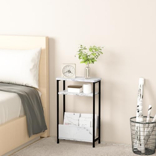 THUMEYE 7.1" Narrow Side Table for Small Spaces, 3 Tier Small End Table with Magazine Holder, Slim/Skinny Nightstand/Bedside Table for Living Room, Bedroom, 15.4" L x 24.2" H, Faux White Marble - color: Faux White Marble