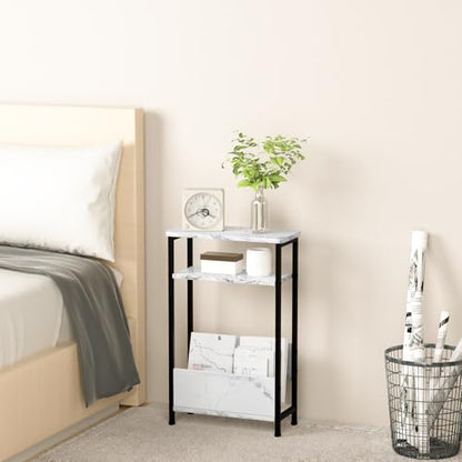 THUMEYE 7.1" Narrow Side Table for Small Spaces, 3 Tier Small End Table with Magazine Holder, Slim/Skinny Nightstand/Bedside Table for Living Room, Bedroom, 15.4" L x 24.2" H, Faux White Marble - color: Faux White Marble