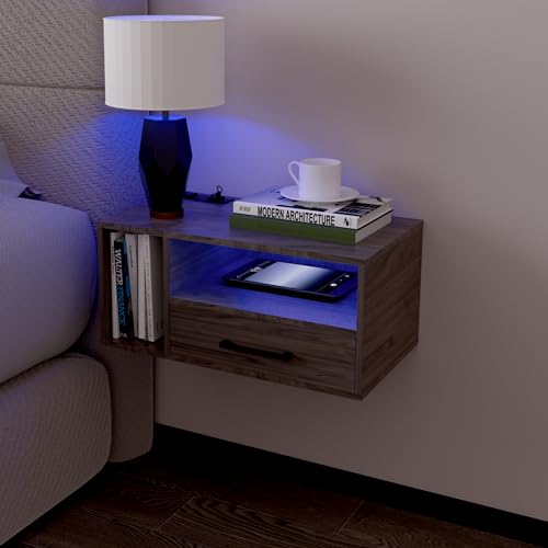 Homaterial Floating Nightstand with Charging Station and LED Lights, Floating Bedside Table with Drawers Wall Mounted Nightstands,for Bedroom Room, 21.3" x 11.8" x 10",Grayish Brown - color: Grayish Brown