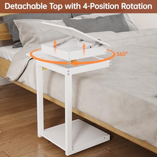 OtterOasis C Shaped End Table for Couch Rolling Side with Wheels White | Wood, Desk Tv Tables, with Folding Desktop, Lockable Wheel, with Hidden Storage, for Living Room, Bedroom - color: White