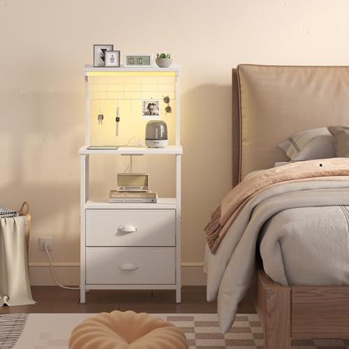 sthmec Tall Nightstands with Charging Station, LED Night Stand Bedsides with 2 PU Finish Fabric Drawers,Hooks,USB Port and Oepn Storage Shelves,Tall End Table Bedside for Bedroom,Office, White - color: White, style: 2 Drawers