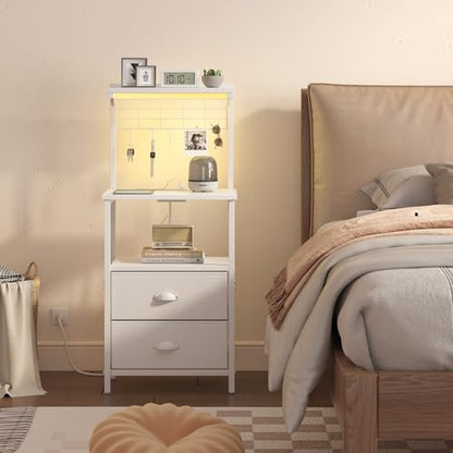 sthmec Tall Nightstands with Charging Station, LED Night Stand Bedsides with 2 PU Finish Fabric Drawers,Hooks,USB Port and Oepn Storage Shelves,Tall End Table Bedside for Bedroom,Office, White - color: White, style: 2 Drawers