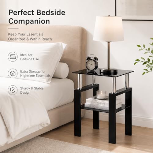 Meihua Tempered Glass End Table, Black Modern Square Side Table with Metal Frame, 2-Tier Glass Accent Table for Living Room, Bedroom, Apartment & Small Spaces - color: Black, size: 1pc