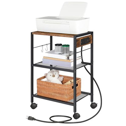 HOOBRO Industrial Printer Stand, 3-Tier Mobile Printer Table, Rolling Cart with Power Outlets and USB Ports, Home Printer Stand with 2 Hooks, for Office, Living Room, Rustic Brown BF22UPS01 - color: Rustic Brown + Black