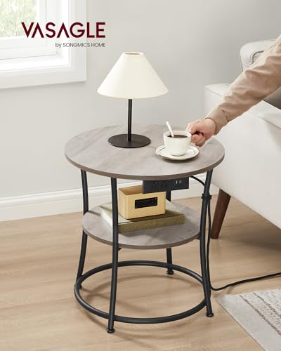 VASAGLE 21.7-Inch Round Side Table, 2-Tier End Table with Power Outlets, Nightstand with Steel Frame, Spacious Top, for Small Spaces, Living Room, Bedroom, Heather Greige and Ink Black ULET077L01 | Nightstand with Steel Frame, Spacious Top, for Small Spac