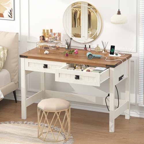 39 Inch Farmhouse Small Computer Desk with Drawers for Bedroom, Home Office | Small Office Computer Desk with 2 Drawers & Power Outlets, Compact Writing Study Desk for Small Spaces, Antique White - color: Antique White