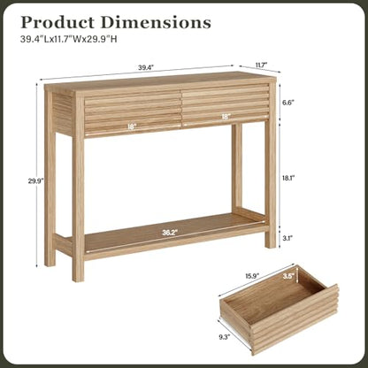 EAG 40" Fluted Console Table with 2 Drawers, Modern Wood 2 Tier Entryway Table with Storage Shelf, Narrow Sofa Tables Behind Couch for Entrance Foyer, Hallway, Living Room, Natural - color: Natural