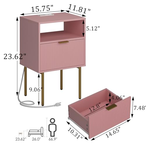 JOONEE Modern Nightstand with Charging Station and LED Lights, White Bedside Table with Drawer, Fluted Side Table for Living Room, Bedroom - color: Pink