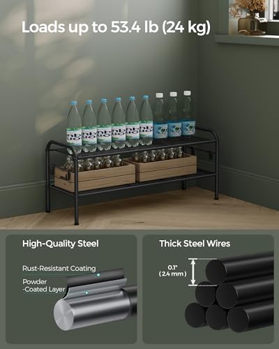 SONGMICS Shoe Rack, 2-Tier Shoe Organizer, Metal Shoe Shelf Storage with 4 Side Hooks, Holds 12 Pairs of Shoes, Height-Adjustable Shoe Rack for Entryway, Hallway, Closet, Ink Black ULMR128B01 - size: 2 Tiers (33.5"W)