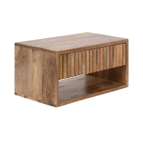 Kate and Laurel Reid Ribbed Wooden Tiered Floating Side Table, 18 x 10 x 9, Natural Wood, Modern Rectangular Mango Wood Floating Nightstand with Drawer for Bedroom Storage or Living Room End Table - color: Natural