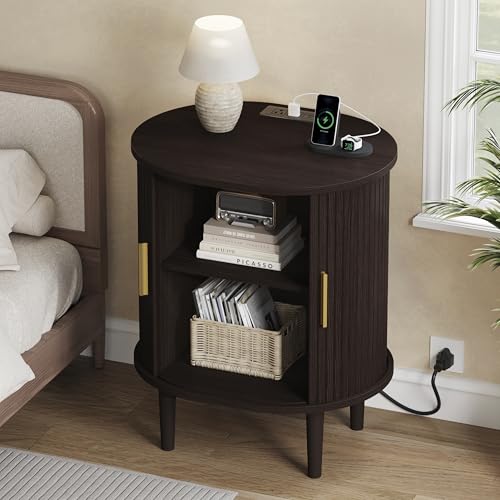 DHH Mid Century Modern Nightstand with Charging Station, Fluted Accent Side Table with Sliding Door & Adjustable Shelf, End Table for Small Space, Living Room, Bedroom,Sofa Couch(1, Dark Walnut) - color: Dark Walnut