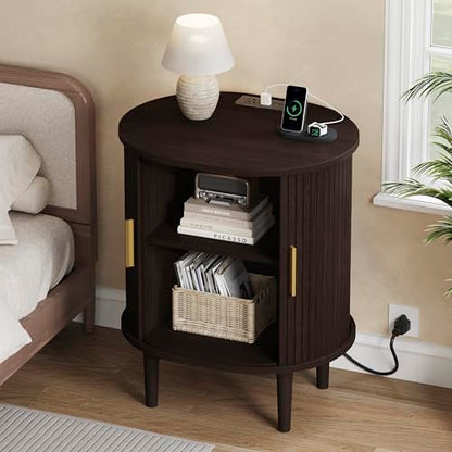 DHH Mid Century Modern Nightstand with Charging Station, Fluted Accent Side Table with Sliding Door & Adjustable Shelf, End Table for Small Space, Living Room, Bedroom,Sofa Couch(1, Dark Walnut) - color: Dark Walnut