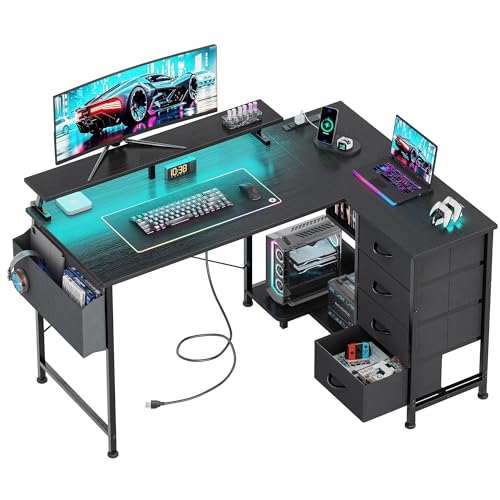VERMESS 47" Reversible L Shaped Gaming Computer Desk, Corner Desk with Power Outlets & Monitor Stand, Writing Study Table with 4 Storage Drawers, Desk with LED Lights, Black - color: Black, size: 47 Inch