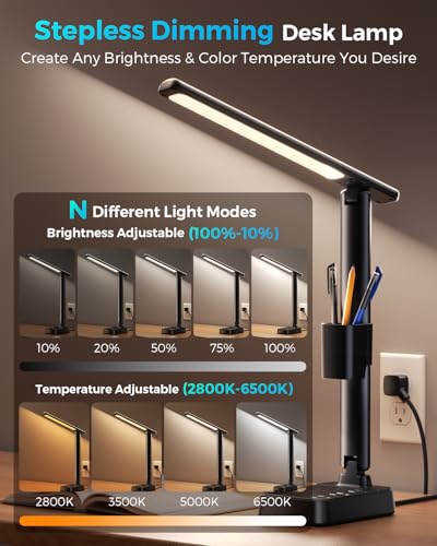 LED Desk Lamp with Power Strip, 3 AC Outlets & 4 USB Ports (2 USB-C), Stepless Dimming & 2800K-6500K Eye-Caring Desk Light, Foldable Table Lamp for Home Office, Dorm Room Essentials(10FT) - color: Black,10FT