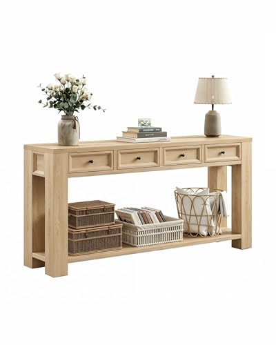 FUSOU 63 Inch Console Table, Sofa Table Behind Couch, Entryway Table with 4 Drawers & Open Shelf, Farmhouse Sofa Table for Living Room (Natural) - color: Natural