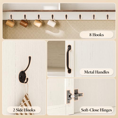 47.2 inch Bakers Rack with Storage and Drop Leaf, Farmhouse Coffee Bar Cabinet with Power Outlet, Large Microwave Stand with Storage Cabinet, 10 Hooks and Curved Design for Kitchen, Walnut, White - size: 47.2 in Drop Leaf Countertop