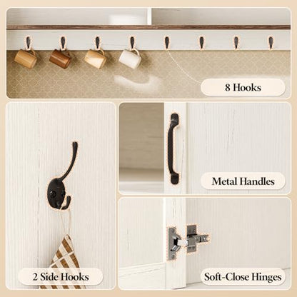 47.2 inch Bakers Rack with Storage and Drop Leaf, Farmhouse Coffee Bar Cabinet with Power Outlet, Large Microwave Stand with Storage Cabinet, 10 Hooks and Curved Design for Kitchen, Walnut, White - size: 47.2 in Drop Leaf Countertop