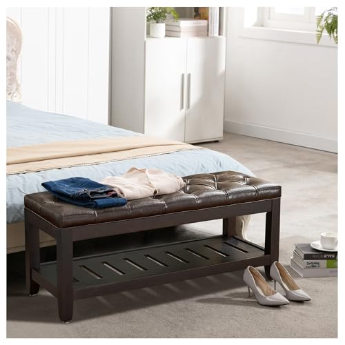 44" Entryway Bench with Shoe Storage, End of Bed Bench, Upholstered Ottoman Storage, 500 LBS Capacity for Entryway, Living Room, Hallway - color: Dark Brown(pu)-1