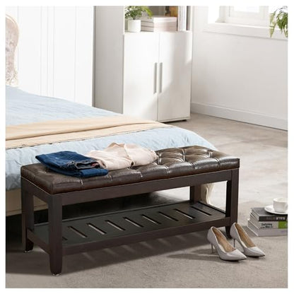 44" Entryway Bench with Shoe Storage, End of Bed Bench, Upholstered Ottoman Storage, 500 LBS Capacity for Entryway, Living Room, Hallway - color: Dark Brown(pu)-1