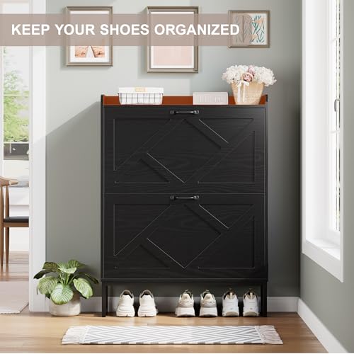 Nicetree Shoe Storage Cabinet with 2 Flip Drawers, Freestanding Shoe Organizer, Shoe Cabinet with Metal Legs, Narrow Shoe Rack Cabinet, Farmhouse Slim Shoe Cabinet for Entryway, Foyer, Hallway, Black - color: Black