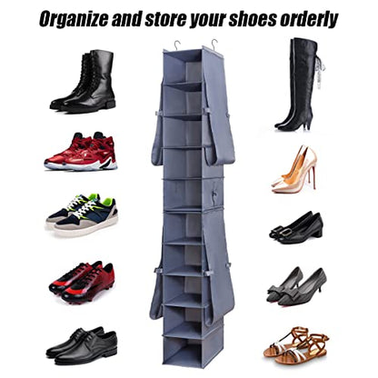 Hanging Shoe Organizer for Closet Footwear Boots Storage Shelf | Hang Closet Organization Storing Shelves Rack Display Shoes Boots Clothes 10-Shelf 4 Pockets Space Saver Oxford Cloth 2 Pack