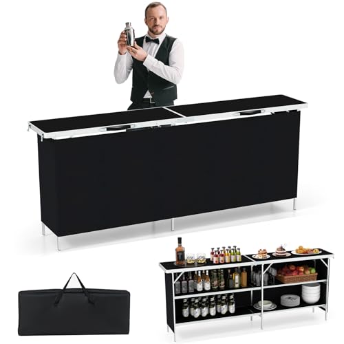 Giantex 81" Extra Long Portable Bar Table with 2-Tier Storage Shelves, Folding Mobile Bartending Station with Removable Skirt, Carry Case, for Events, Parties, Trade Shows (Black, 81''L x 32.5''H) - color: Black, size: 81''L x 32.5''H