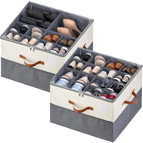 Shoe Organizer for Closet, 2 Pack Shoe Storage Containers with Adjustable Dividers, Space Saving Shoe Box Organizers Bins with Clear Lids & 4 Handles, Fits 16-32 Pairs, Beige & Grey - color: Beige & Grey, size: (2 Pack) 17"L x 17"W x 12 ½"H