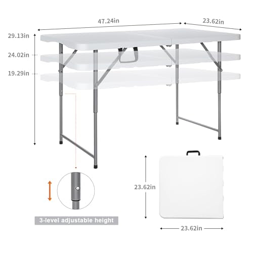 Lakhow Folding Table 4 Foot Portable Heavy Duty Plastic Fold-in-Half Utility Table with Carrying Handle,Indoor Outdoor Small Adjustable Height Folding,Camping and Party,White - color: 48 Inches White