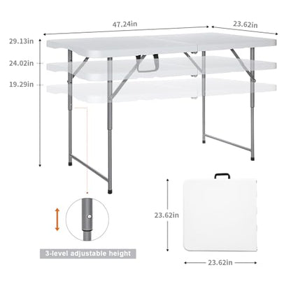 Lakhow Folding Table 4 Foot Portable Heavy Duty Plastic Fold-in-Half Utility Table with Carrying Handle,Indoor Outdoor Small Adjustable Height Folding,Camping and Party,White - color: 48 Inches White