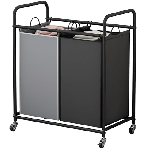 SUOERNUO Laundry Hamper Basket 2 Bag Laundry Sorter Cart with Rolling Lockable Wheels and Removable Bags Laundry Organizer Cart for Clothes Storage - color: Black+Grey