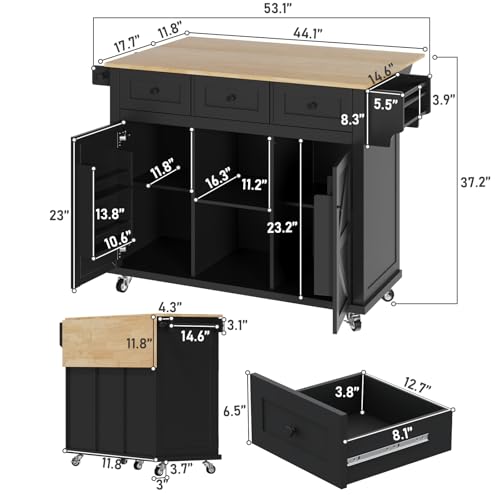 Kitchen Island with Storage on Wheels, 53" Large Rolling Kitchen Island with Drop Leaf, Mobile Kitchen Islands Cart with 3 Drawers 2 Cabinet, Open-Shelf, Islands Table (Black, 3 Drawers)