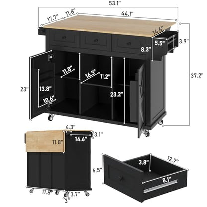 Kitchen Island with Storage on Wheels, 53" Large Rolling Kitchen Island with Drop Leaf, Mobile Kitchen Islands Cart with 3 Drawers 2 Cabinet, Open-Shelf, Islands Table (Black, 3 Drawers)