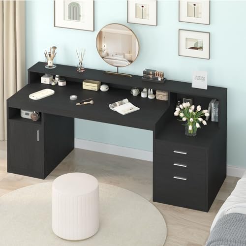 YOMILUVE Computer Desk with 3 Drawer & Storage Shelves, Home Office Desk with File Drawer & Cabinet, Writing Study Table with Long Monitor Stand & Printer Shelf, Executive Desk, Black - color: Black
