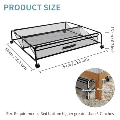 Under Bed Shoe Storage with Wheels, Space Saving Shoe Organizer with Sturdy Metal Frame & Breathable Mesh, Suitable Under The Bed, Sofa and Desk, 1 Pack