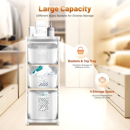 Rolling Laundry Hamper, 3 Tier Storage Sorter Cart with Wheels, White Plastic Dirty Laundry Basket, Movable Clothes Toiletries Snacks Hamper for Kitchens Bathrooms Bedrooms Classrooms Laundry Rooms