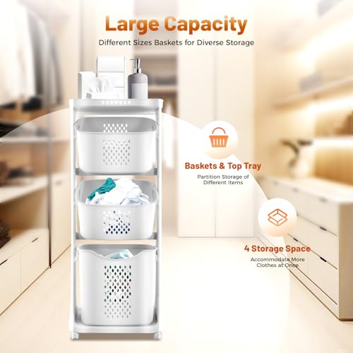 Rolling Laundry Basket with Wheels, 3-Tier Free Standing Laundry Hamper, Portable Storage Cart with 4 Wheels, Multi-Purpose Organizer for Bathroom Bedroom Living Room
