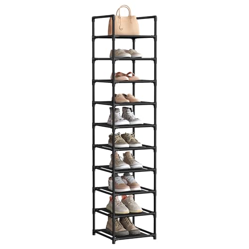 SONGMICS Shoe Rack, 10-Tier Shoe Shelf, Shoe Storage Organizer, 13 x 13 x 68 Inches, Metal Frame, Non-Woven Fabric Shelves, for Entryway, Bedroom, Black LSR110B02 - color: Black, size: 13"D x 13"W