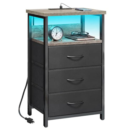 Fixwal Night Stand with Charging Station, LED Nightstand with Fabric Drawers, End Table with PU Finish, Bed Side Table, French Oak - color: French Oak, size: 27.6"H (3 drawers), style: Power+Light (1pc)