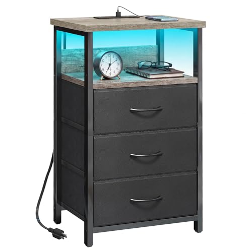 Fixwal Night Stand with Charging Station, LED Nightstand with Fabric Drawers, End Table with PU Finish, Bed Side Table, French Oak - color: French Oak, size: 27.6"H (3 drawers), style: Power+Light (1pc)