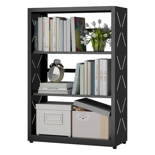 SteeLoong Industrial Bookshelf,3 Tier Bookcase,34" Black Metal Small Bookshelf with Adjustable Feet and Adjustable Shelves,Home Office Bookcase Shelf Storage Organizer for Living Room Kitchen. - color: Black, size: 3-Tier 23"W