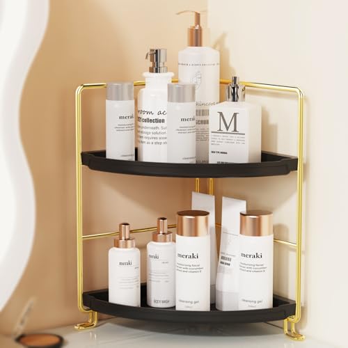 2-Tier Spice Rack Corner Storage Shelf Makeup Organizer Stackable Cosmetic Holder Standing Counter Shelf for Bathroom, Kitchen, Countertop, and Vanity (Gold + Black) - color: Black + Gold