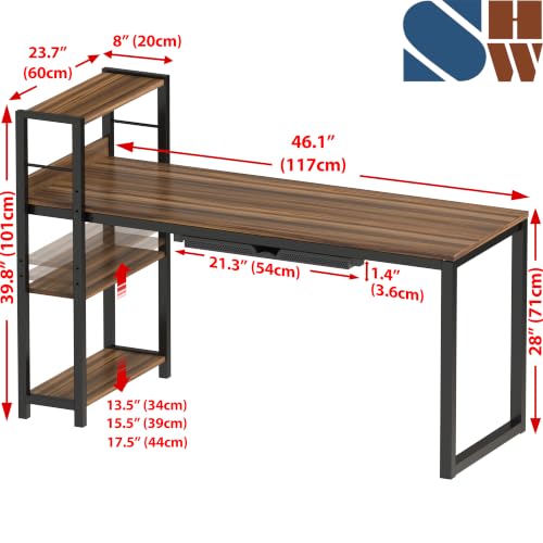SHW 46-Inch Home Office Computer Desk w/Side Shelf & Drawer, Walnut | w/ Reversible Adjustable Shelf | Drawer with adjustable compartments - color: Walnut