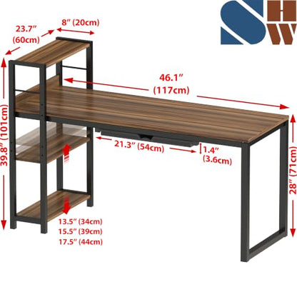SHW 46-Inch Home Office Computer Desk w/Side Shelf & Drawer, Walnut | w/ Reversible Adjustable Shelf | Drawer with adjustable compartments - color: Walnut