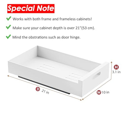 HBL' 1 Pack | 21" Deep Pull Out Cabinet Organizer Adhesive, 10-Inch Wide Sturdy Carbon Steel Roll-Out Drawers, Designed for Frameless Cabinets, Slide-Out Shelves for Pantry. - size: 21"D x 10.0"W x 3.1"H