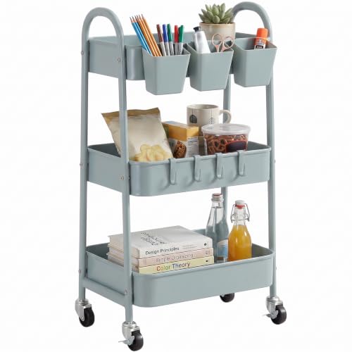 3-Tier Rolling Cart, Utility Cart Mobile Metal Rolling Storage Cart with Lockable Wheels & Hanging Cups & Hooks for Kitchen, Bathroom, Office, Workshop, Gray Blue - color: Gray Blue, size: 3 tier