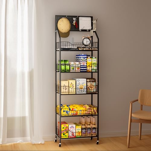 5 Tier Retail Storage Rack, Snack Rack Display Stand, Retail Display Organizer Shelves with Hooks & Wheels, Metal Snack Shelf for Store Home Kitchen, Black Chip Rack Display Stand (5 Tier) - size: 5 Tier（19.7inch）