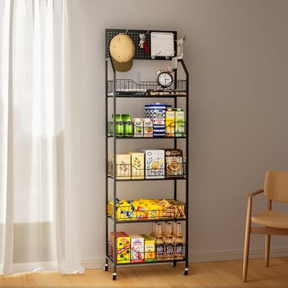 5 Tier Retail Storage Rack, Snack Rack Display Stand, Retail Display Organizer Shelves with Hooks & Wheels, Metal Snack Shelf for Store Home Kitchen, Black Chip Rack Display Stand (5 Tier) - size: 5 Tier（19.7inch）
